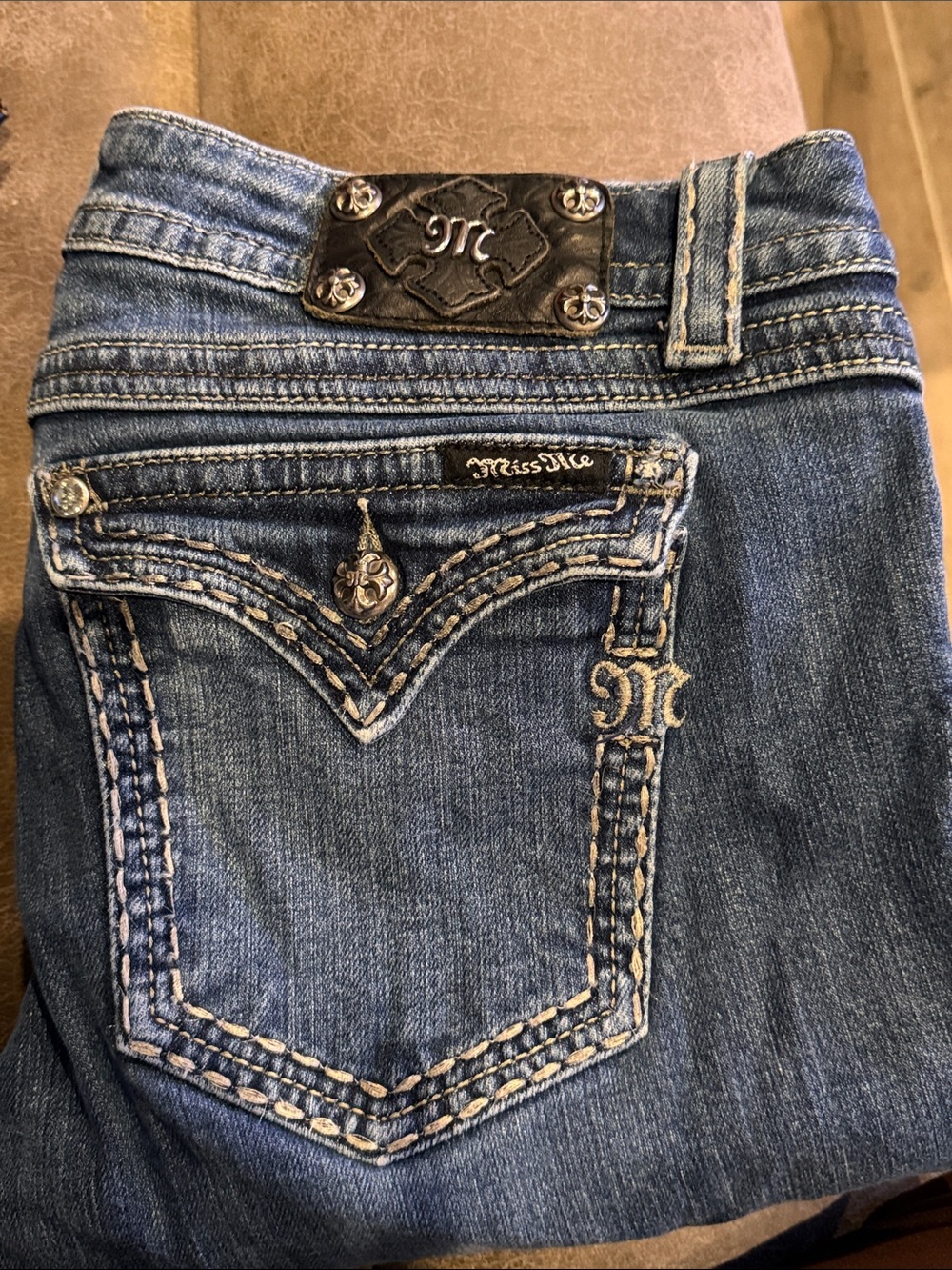 Miss Me Blue Bootcut Jeans with Embroidered Pocket and Metal Plaque